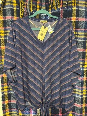 Democracy Multicolor Striped V-Neck Top in Navy